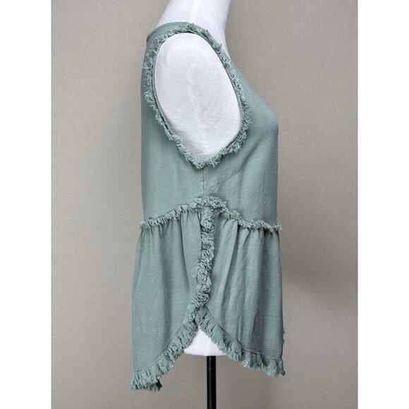 Umgee Linen Cotton Blend Sz S Boho Tank Top Green Raw Fringe Trim Beach Peasant - Picture 4 of 13